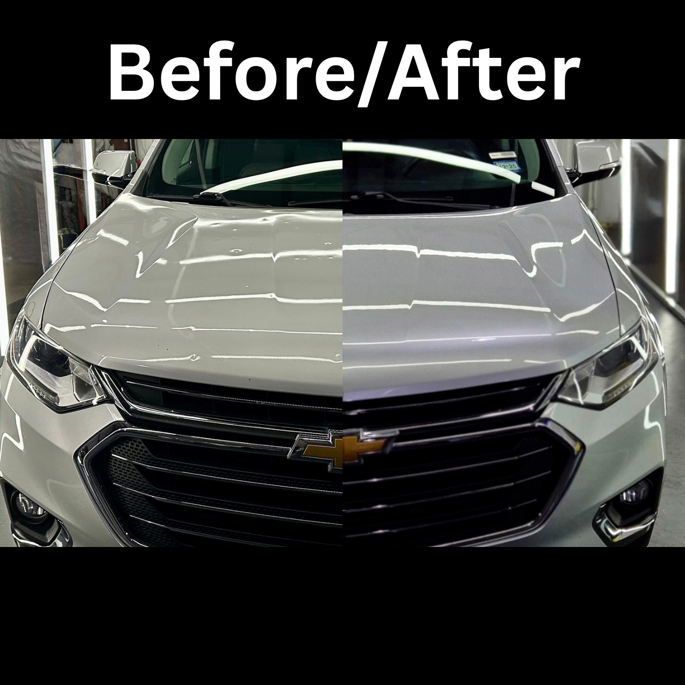 Before and after hail damage repair results showing complete restoration
