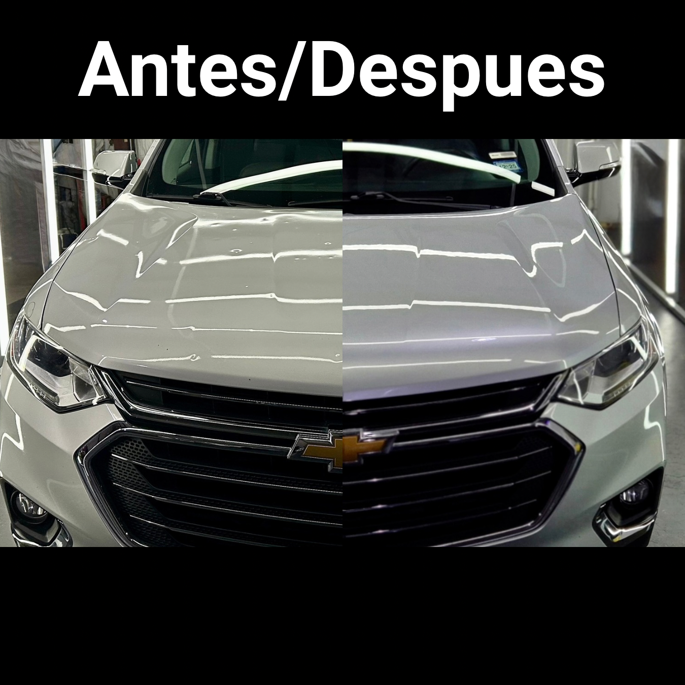 Resultados de reparación de daños por granizo antes y después mostrando restauración completa